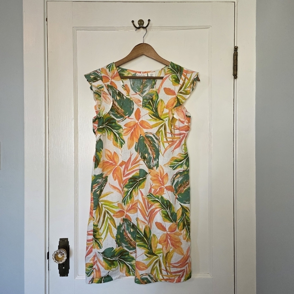 Nicole Miller New York – Floral Linen Dress – Size XS – Apricot, Green, Natural